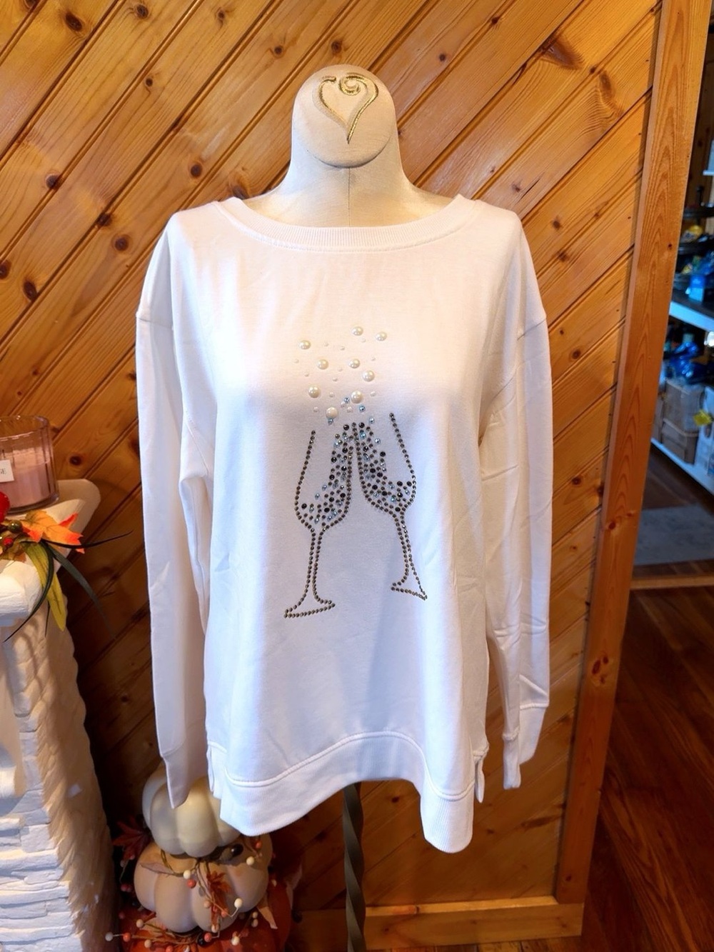 NWT Naughty Rhinestone Champagne Glass Pearl Sweatshirt Medium